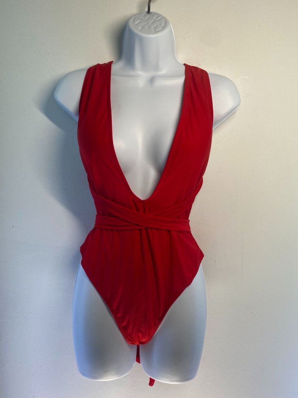 Multi-Way Sexy Red One-Piece Swimsuit Deep V-Neck & Adjustable Wrap Tie Back
